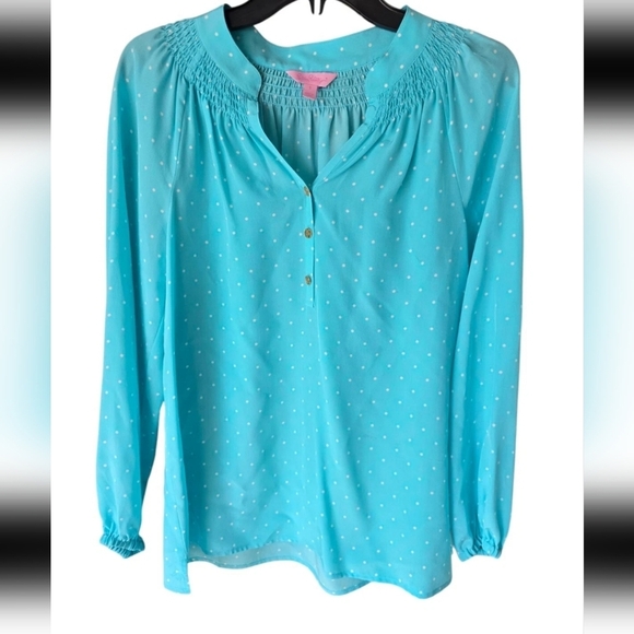 Lilly Pulitzer Elsa 100% Silk Tunic Sz S Popover PolkaDot Blue White Colorful - Picture 1 of 12